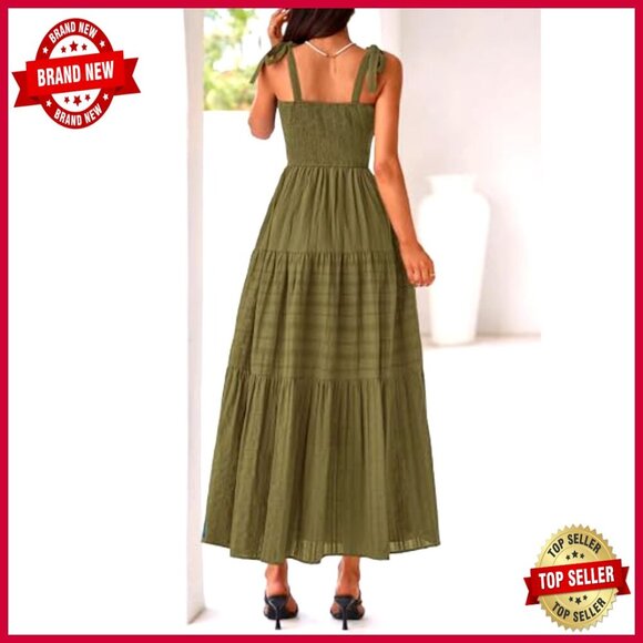 Boho Maxi Dress Sleeveless Smocked A-Line Sundress with Pockets Summer Casual - Picture 3 of 7